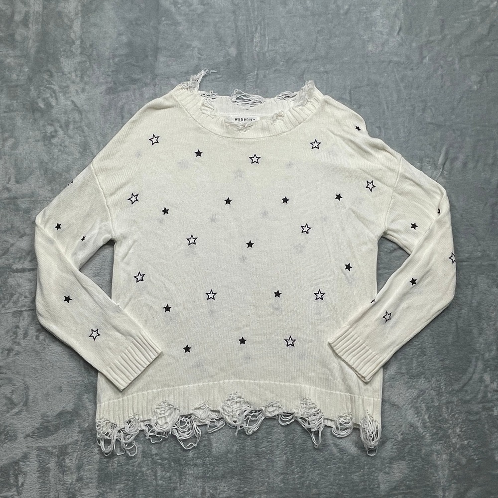 Wild Honey Sweater Womens Small White Black Star Print Distressed‎ Knit